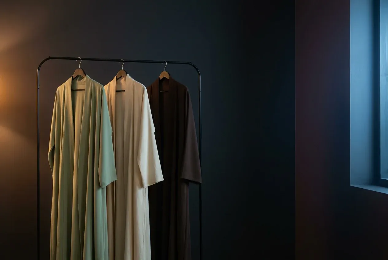 Three tonal abayas together in warm nocturnal light — structure, essence and a single distinctive detail.