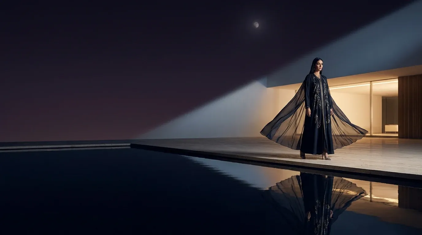 A woman in a flowing abaya beside a moonlit reflecting pool at night, warm architectural light against a deep plum sky.