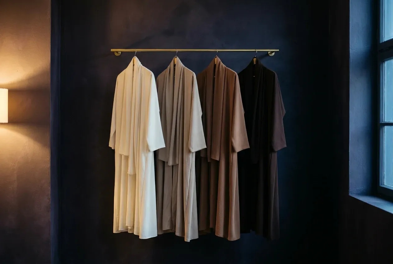 A row of tonal neutral abayas — ivory, taupe, mocha and espresso — on a brass rail in a warm, dark-walled room at night.