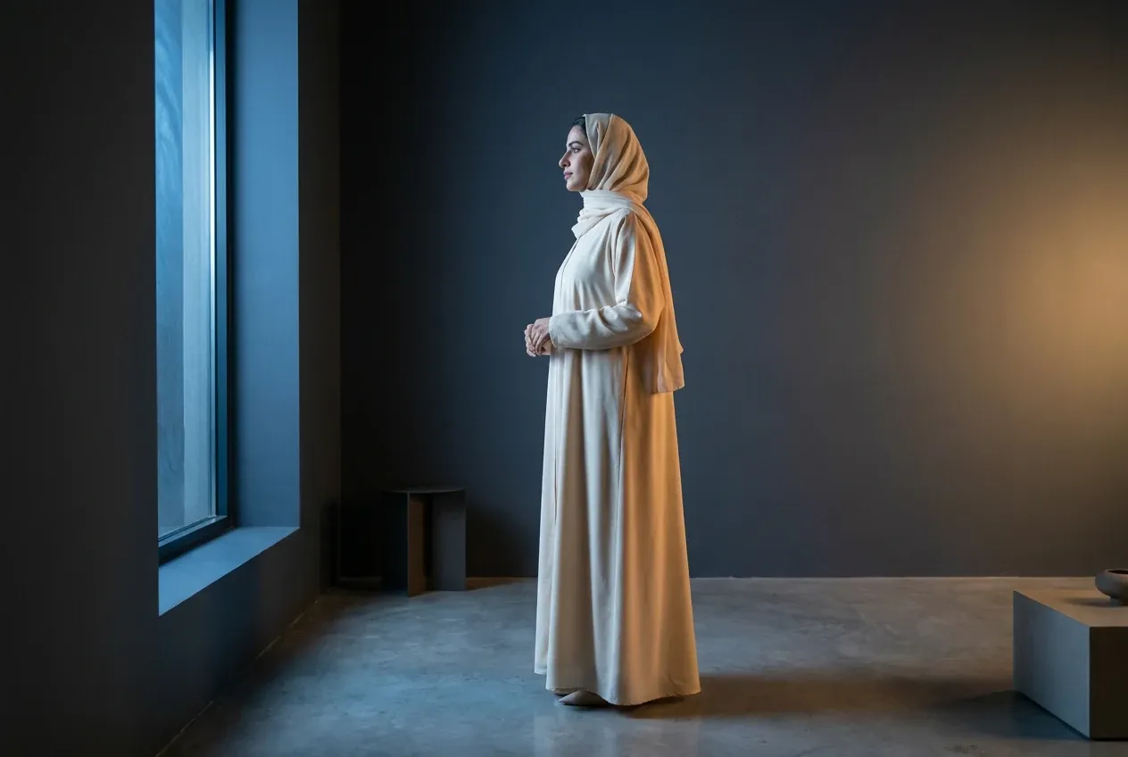A woman in a neutral abaya in profile in a minimal night interior, cool window light meeting a warm interior glow.