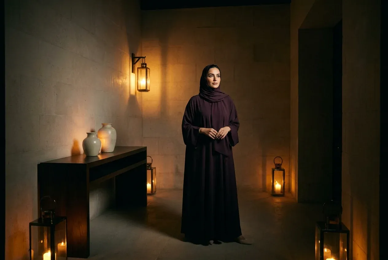 A woman in a deep-plum abaya in a warm lantern-lit interior at night — a calm, elegant evening mood.