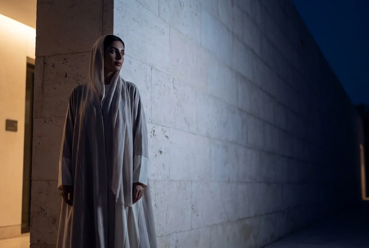A woman in an ivory abaya beside softly lit travertine at night, restrained and calm under a deep blue sky.