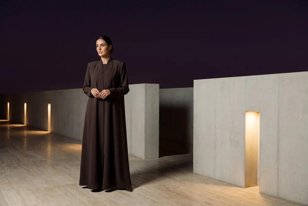 A modest abaya silhouette within geometric concrete architecture at blue hour, sculptural shadows and warm uplight.